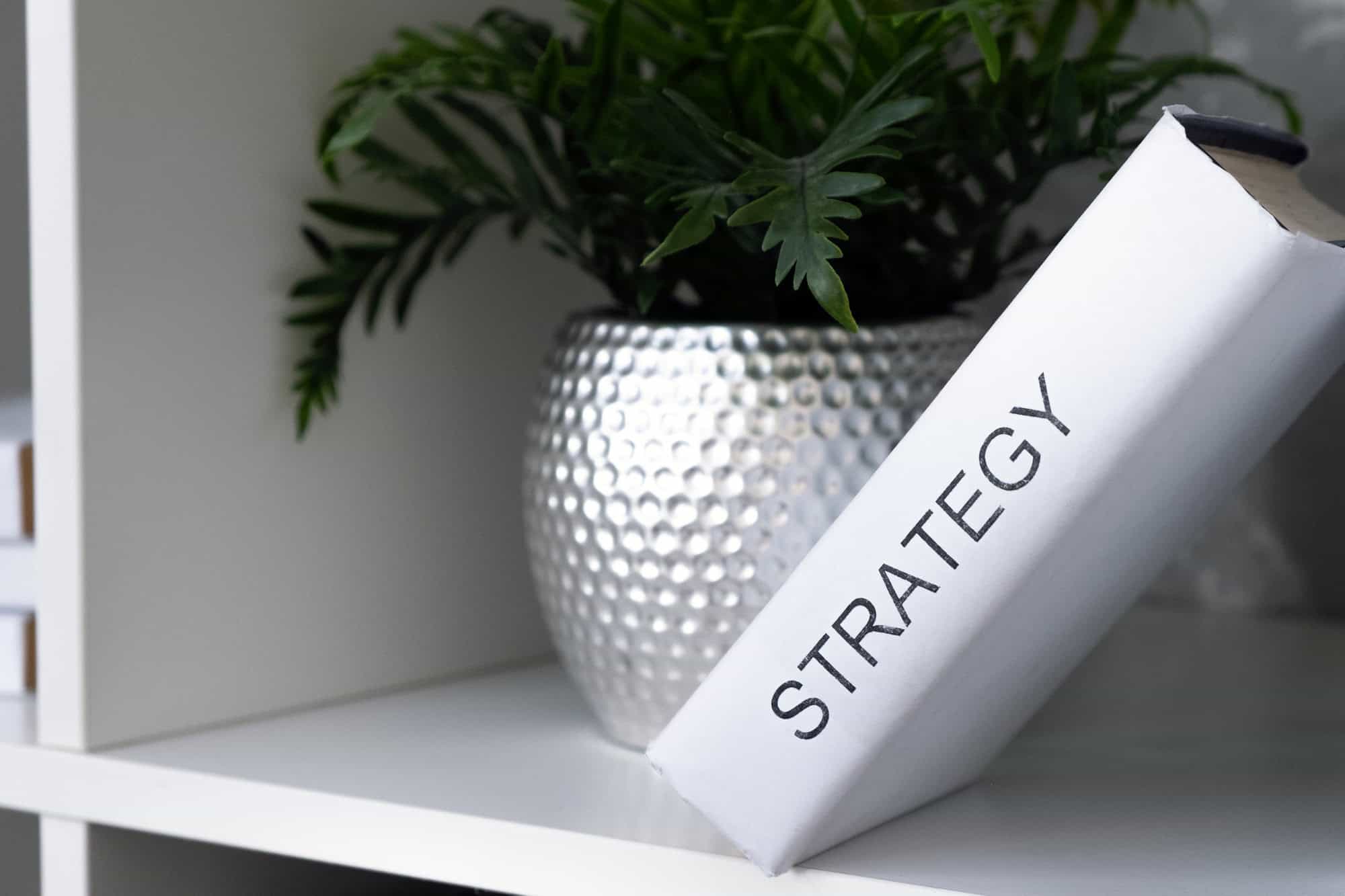 Strategy book with green plants on shelves in office.